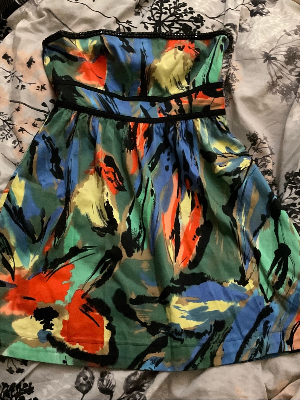 Kensie Strapless Abstract Floral Dress in Green, Blue, Orange, Yellow